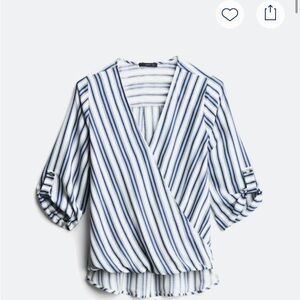 West Kei Blue and White Striped Wrap Blouse